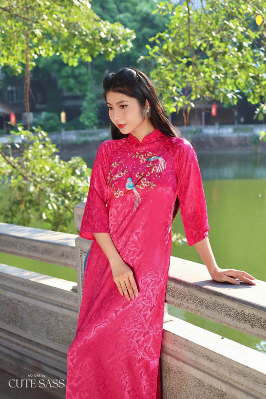 Hot Pink Sparrow Pearls Leaf Gấm Ao Dai Set w/ Light Pink Gấm Pants | Pre-made Traditional Vietnamese Ao Dai| Gam Ao Dai with Pants|10C