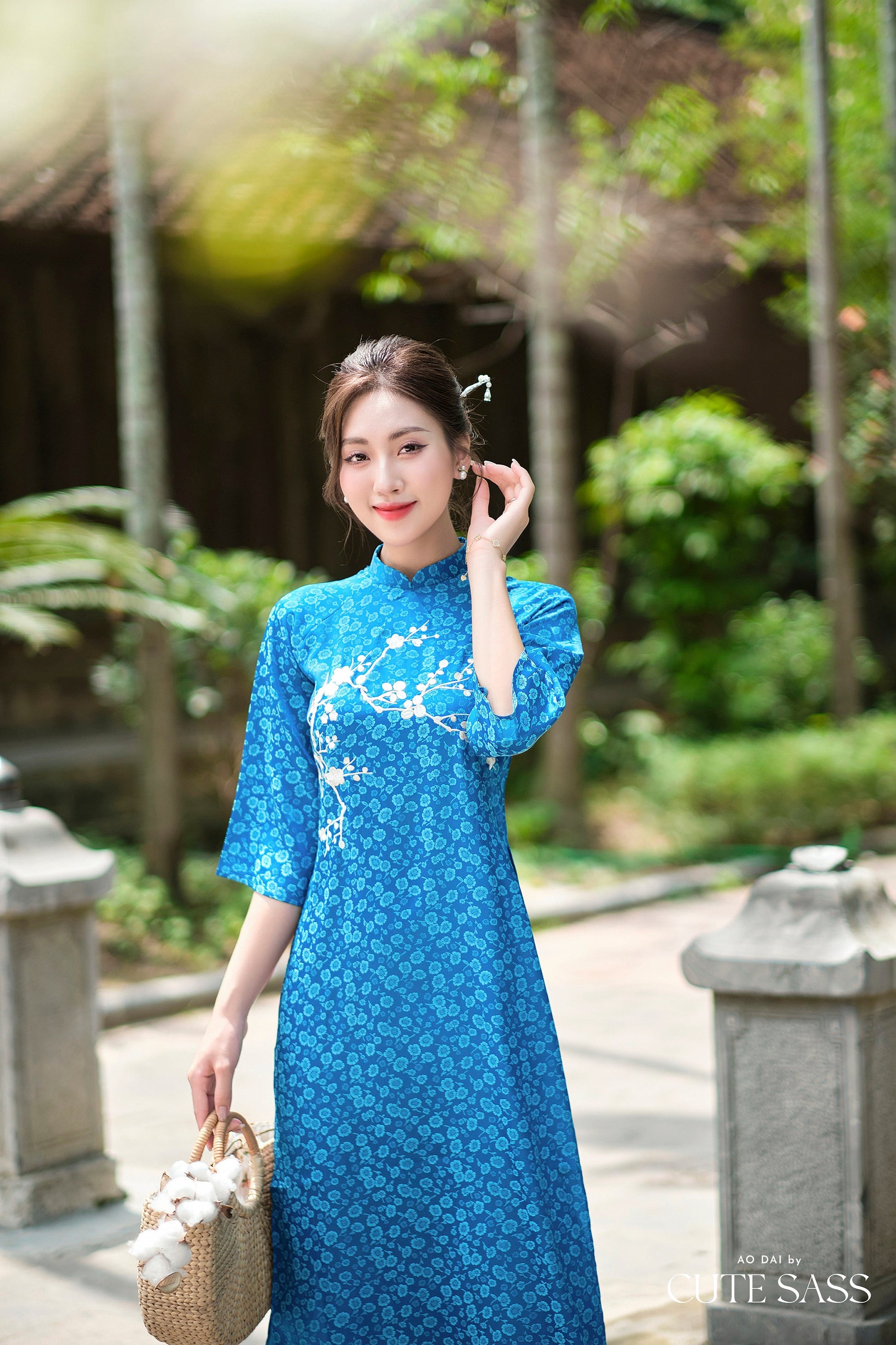 Prussian Blue Mai Embroidery Gấm Ao Dai Set w/ Hot Pink Gấm Pants