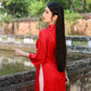 Red Blossom Embroidery Gấm Ao Dai Set w/ Blush Gấm Pants | Pre-made Traditional Vietnamese Ao Dai | Lunar New Year| Gam Ao Dai with Pants|FL