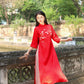 Red Blossom Embroidery Gấm Ao Dai Set w/ Blush Gấm Pants | Pre-made Traditional Vietnamese Ao Dai | Lunar New Year| Gam Ao Dai with Pants|FL