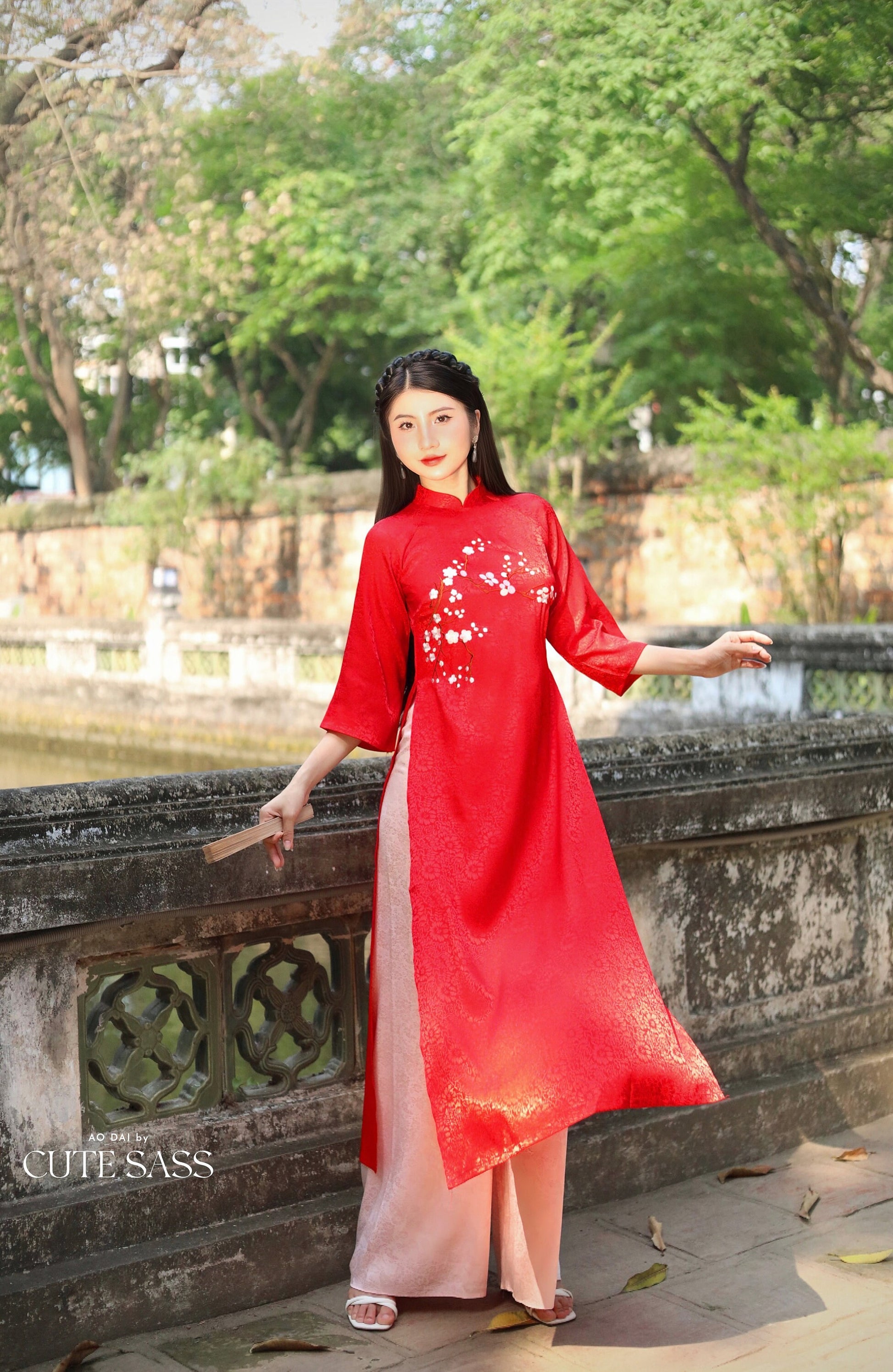 Red Blossom Embroidery Gấm Ao Dai Set w/ Blush Gấm Pants | Pre-made Traditional Vietnamese Ao Dai | Lunar New Year| Gam Ao Dai with Pants|FL