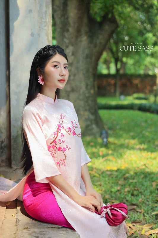 Pink Blossom Embroidery Gấm Ao Dai Set w/ Hot Pink Gấm Pants | Pre-made Traditional Vietnamese Ao Dai| Tet Ao Dai| Gam Ao Dai with Pants| FL