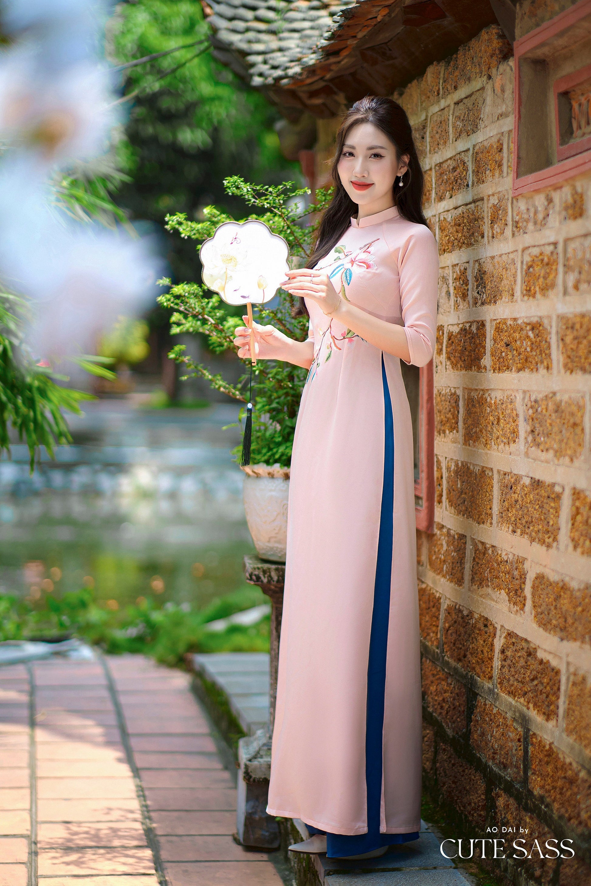 Blush Plumeria Embroidery Ao Dai Set | Pre-made Traditional Vietnamese Women Ao Dai with Pants |Lunar New Year|Ao Dai Truyen Thong |FL