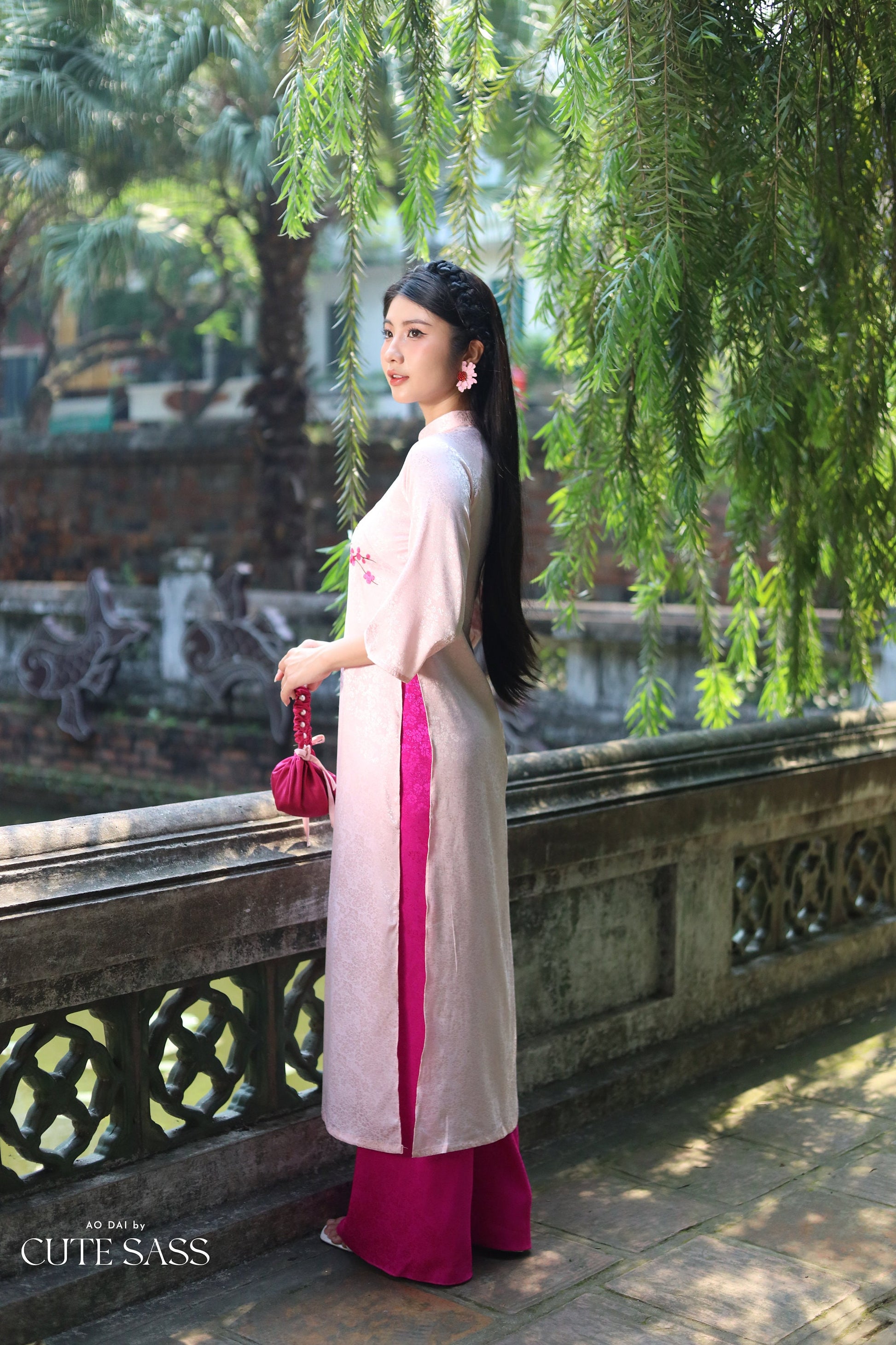 Light Pink Sakura Pearl Gấm Ao Dai Set w/ Hot Pink Gấm Pants