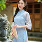 Shifted Blue Chiffon Embroidery Lilac Ao Dai Top Only, NO PANTS |Pre-made Modernized Vietnamese Ao Dai|Pastel Ao Dai |Lunar New Year|FL