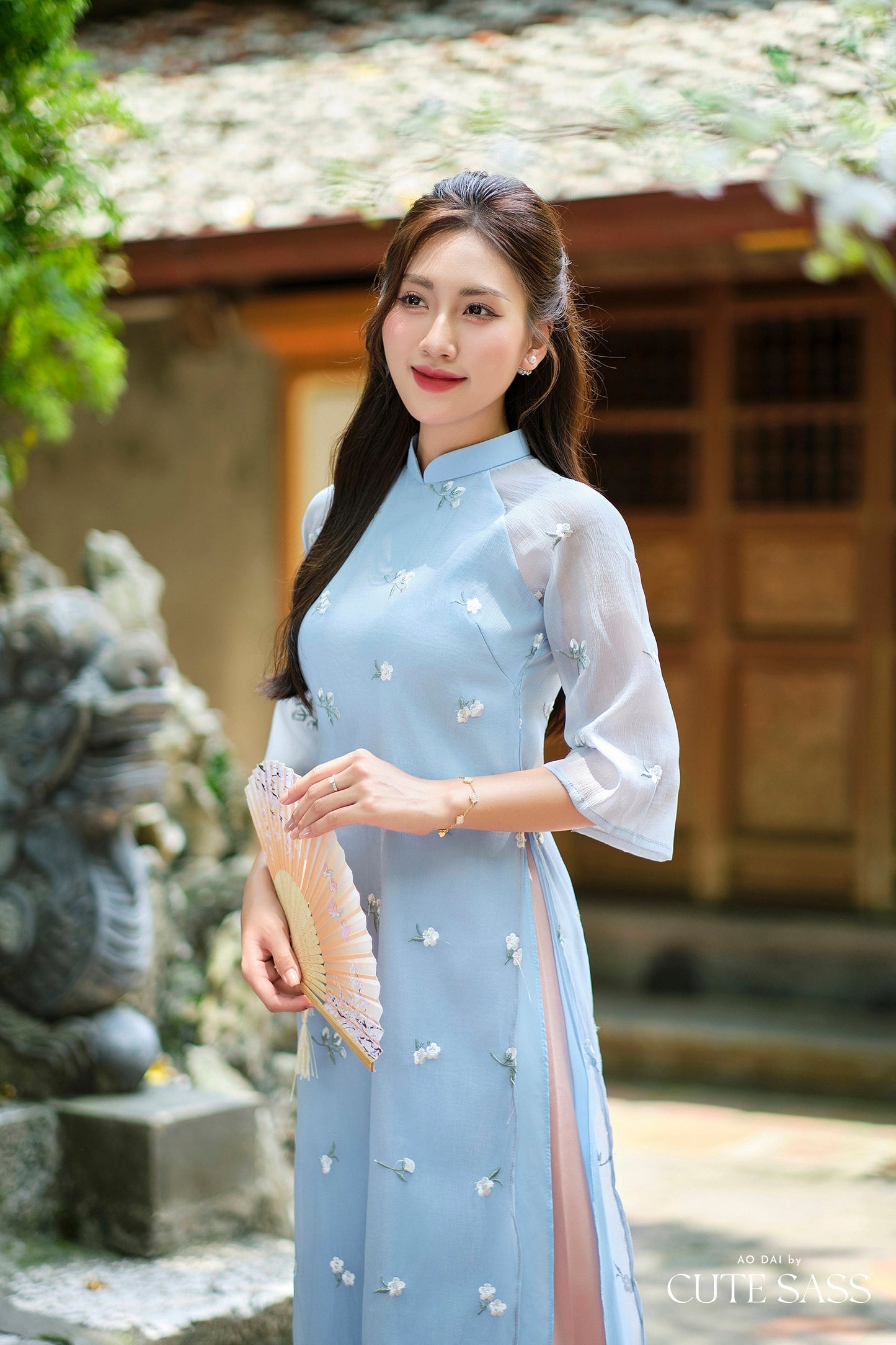 Shifted Blue Chiffon Embroidery Lilac Ao Dai Top Only, NO PANTS |Pre-made Modernized Vietnamese Ao Dai|Pastel Ao Dai |Lunar New Year|FL