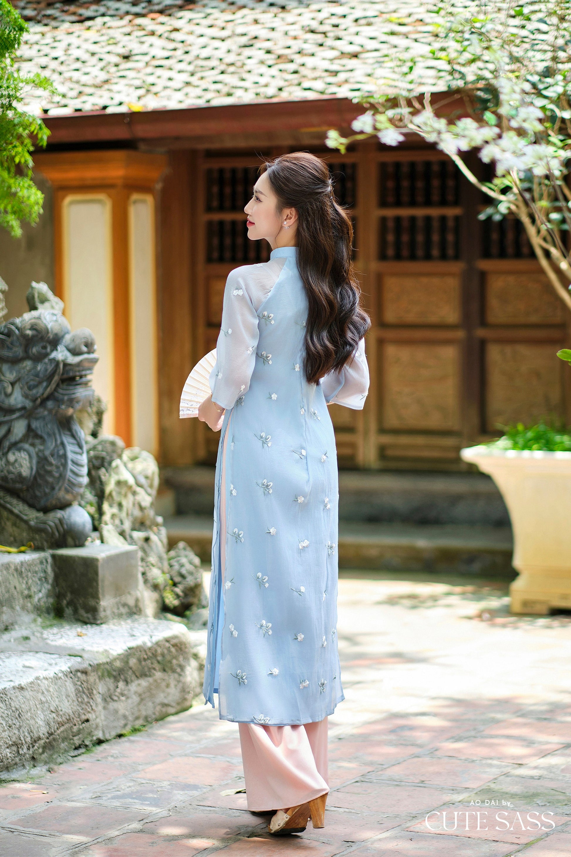 Shifted Blue Chiffon Embroidery Lilac Ao Dai Top Only, NO PANTS |Pre-made Modernized Vietnamese Ao Dai|Pastel Ao Dai |Lunar New Year|FL