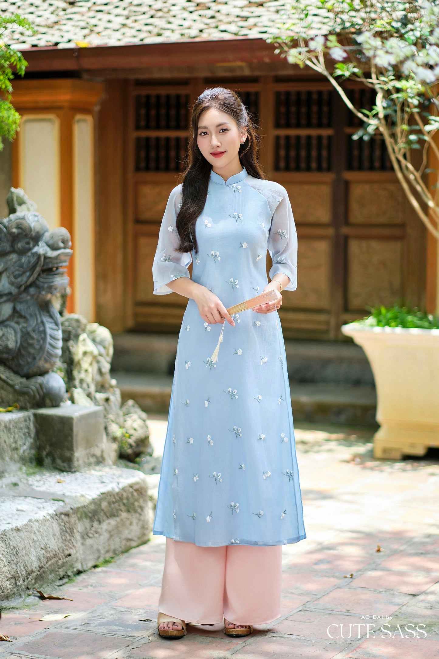 Shifted Blue Chiffon Embroidery Lilac Ao Dai Top Only, NO PANTS |Pre-made Modernized Vietnamese Ao Dai|Pastel Ao Dai |Lunar New Year|FL