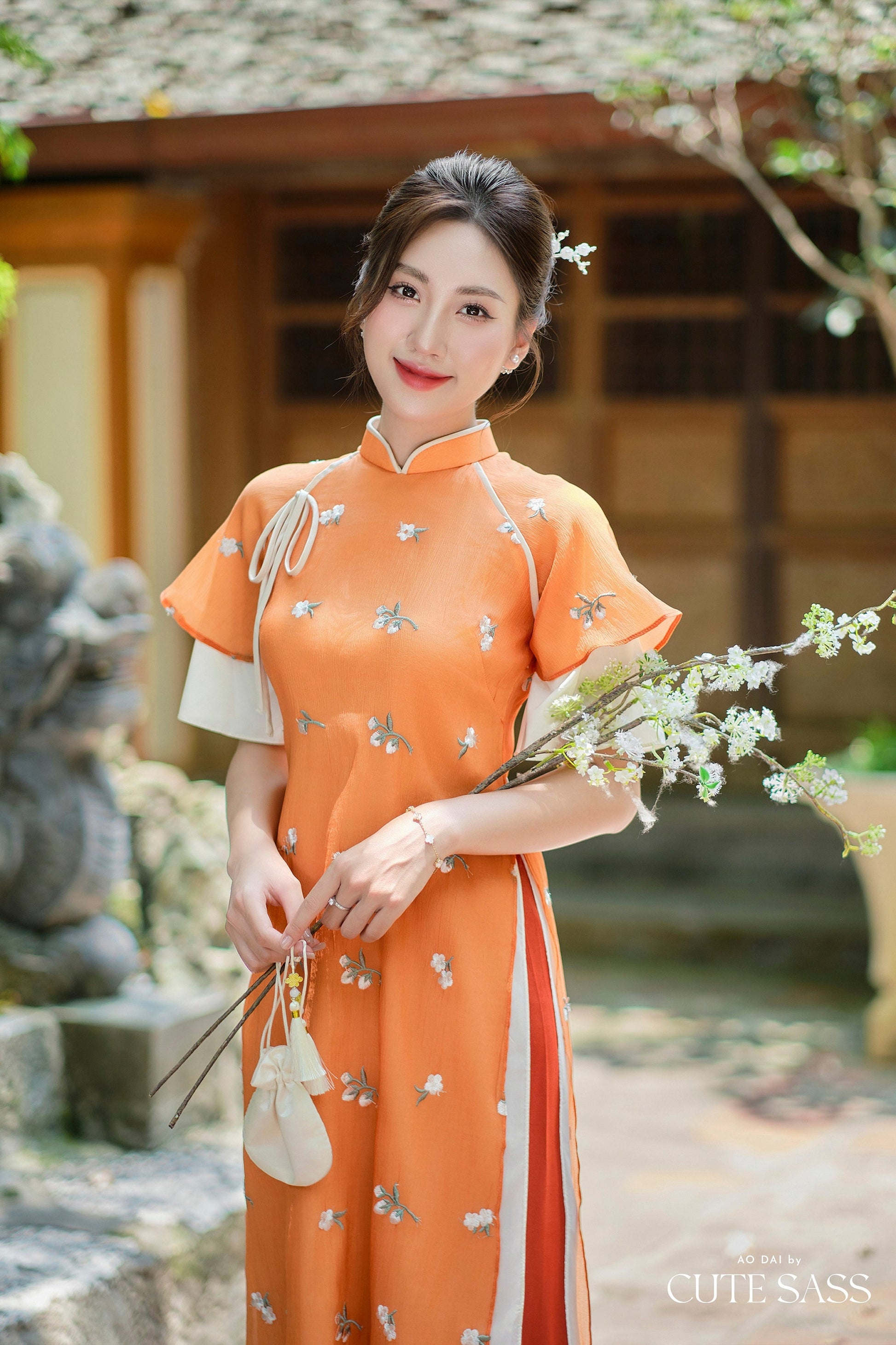 Shifted Orange Chiffon Wing Sleeves Ao Dai Top Only, NO PANTS |Pre-made Modernized Vietnamese Ao Dai|Pastel Ao Dai |Lunar New Year|FL