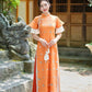 Shifted Orange Chiffon Wing Sleeves Ao Dai Top Only, NO PANTS |Pre-made Modernized Vietnamese Ao Dai|Pastel Ao Dai |Lunar New Year|FL