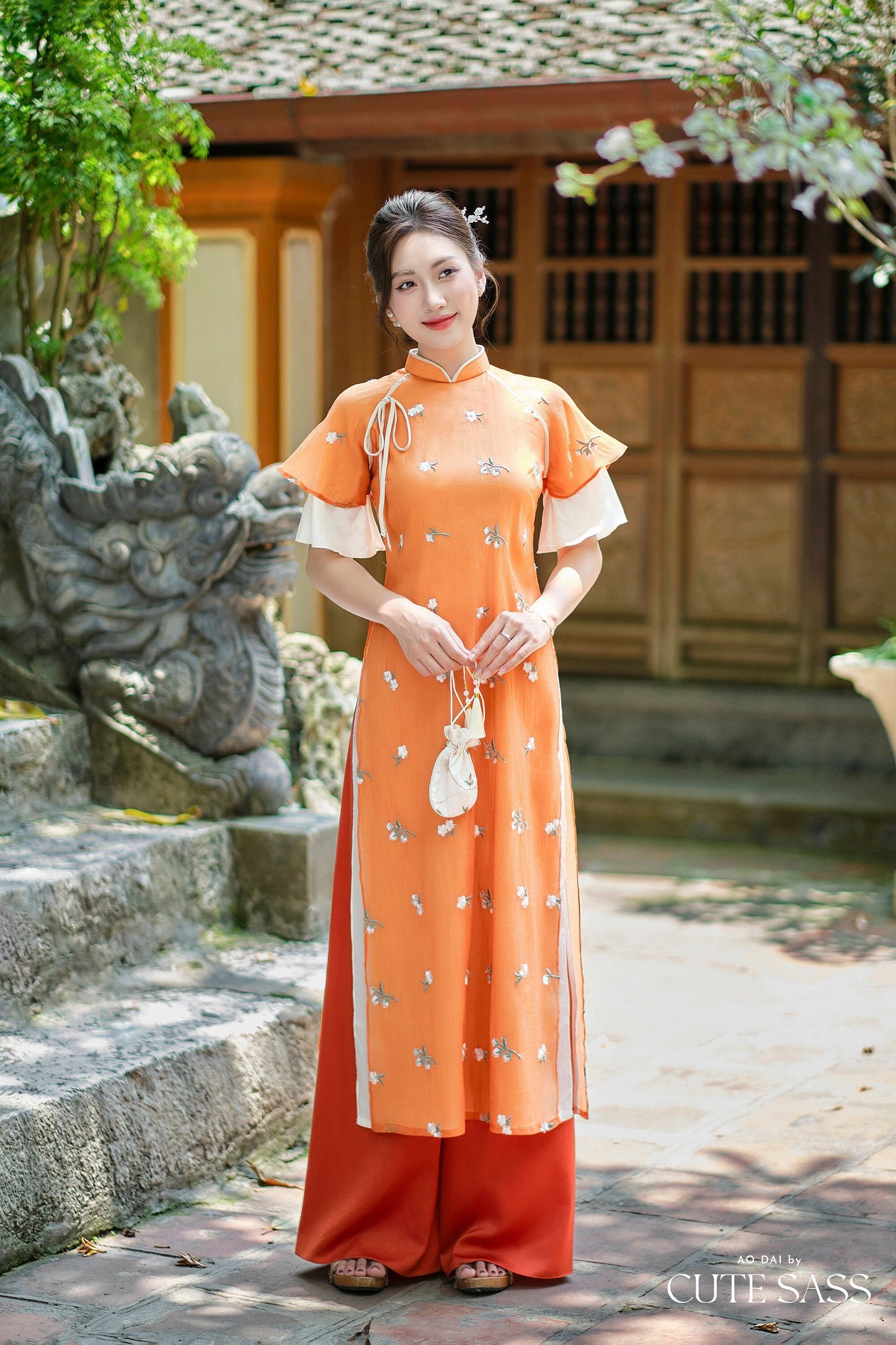 Shifted Orange Chiffon Wing Sleeves Ao Dai Top Only, NO PANTS |Pre-made Modernized Vietnamese Ao Dai|Pastel Ao Dai |Lunar New Year|FL