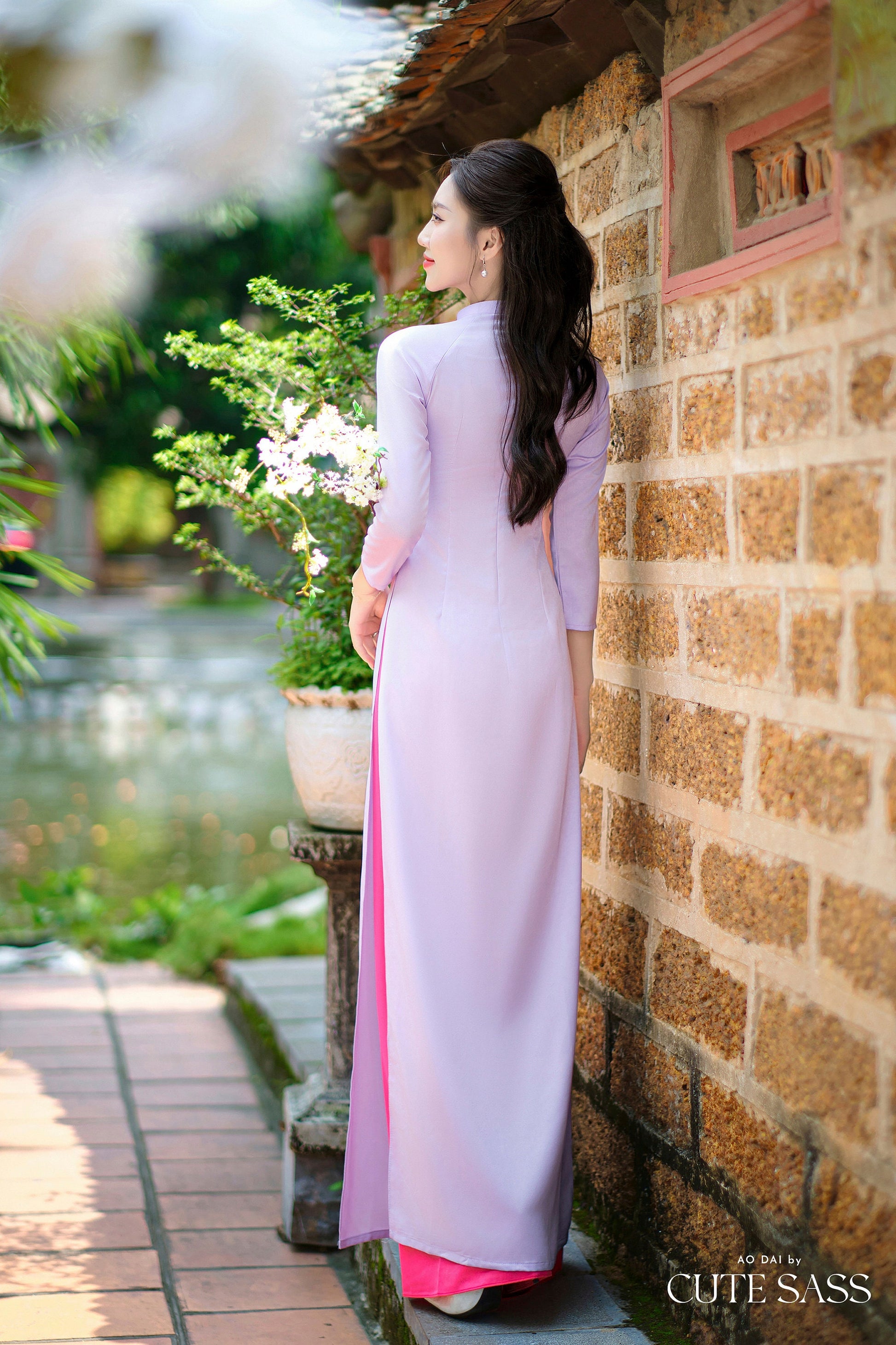 Purple Branches Silk Embroidery Ao Dai Set