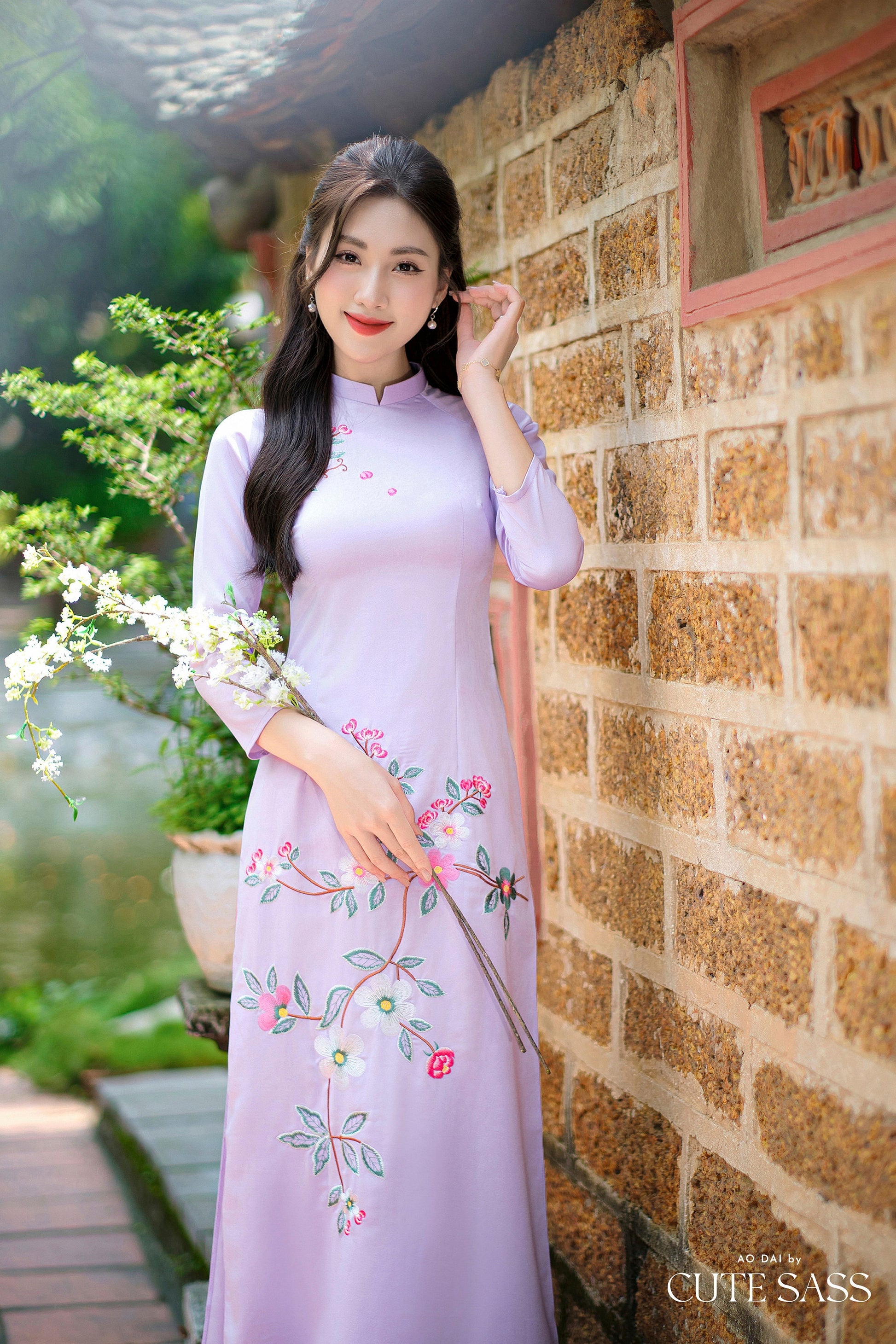 Purple Branches Silk Embroidery Ao Dai Set