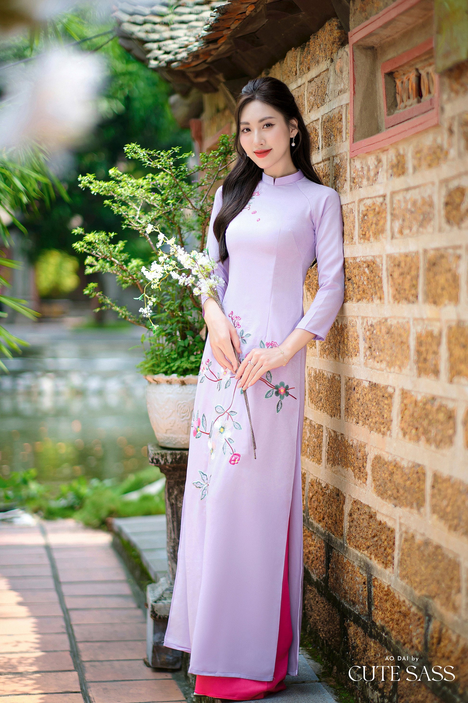 Purple Branches Silk Embroidery Ao Dai Set