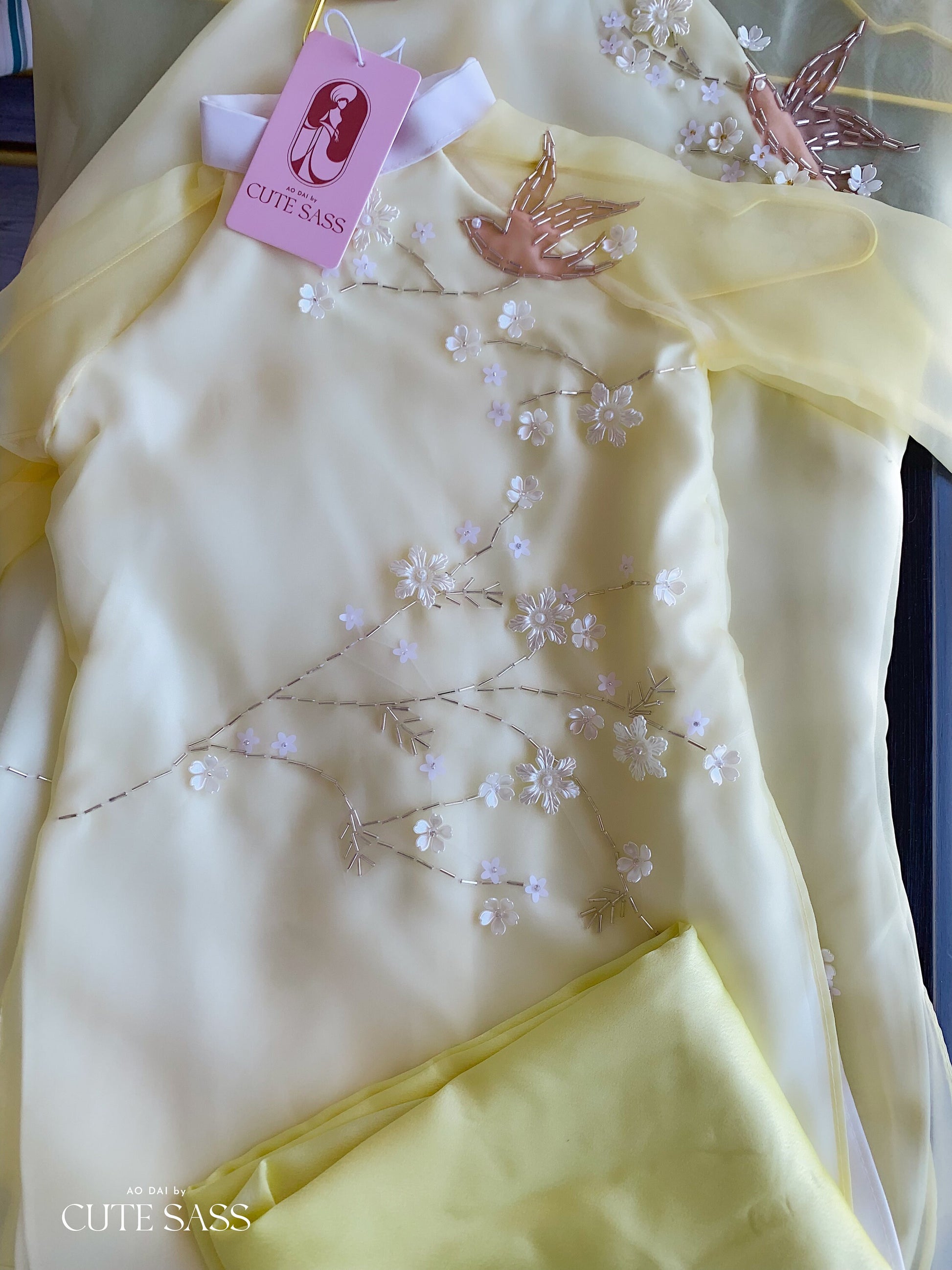 Mom and Daughter Yellow Branches Sparkles Ao Dai Set| Pre-made Traditional Vietnamese Ao Dai | Lunar New Year | Ao Dai for Girl, Mom|FL