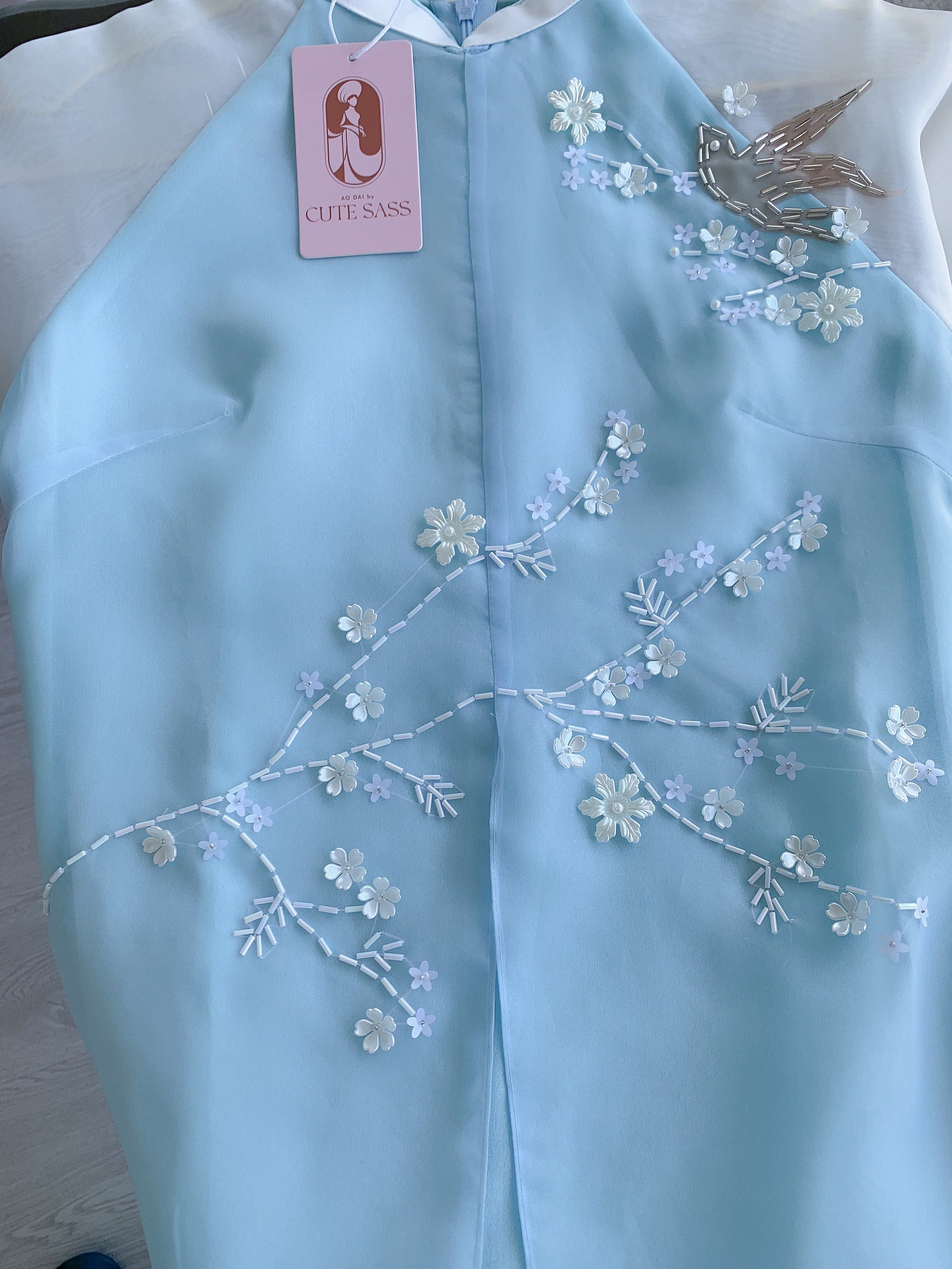 Mom and Daughter Blue Branches Slit Sparkles Ao Dai Set| Pre-made Traditional Vietnamese Ao Dai | Lunar New Year | Ao Dai for Girl, Mom|FL