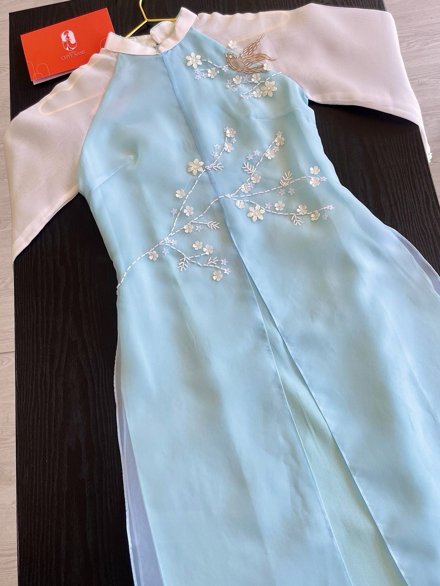 Mom and Daughter Blue Branches Slit Sparkles Ao Dai Set| Pre-made Traditional Vietnamese Ao Dai | Lunar New Year | Ao Dai for Girl, Mom|FL