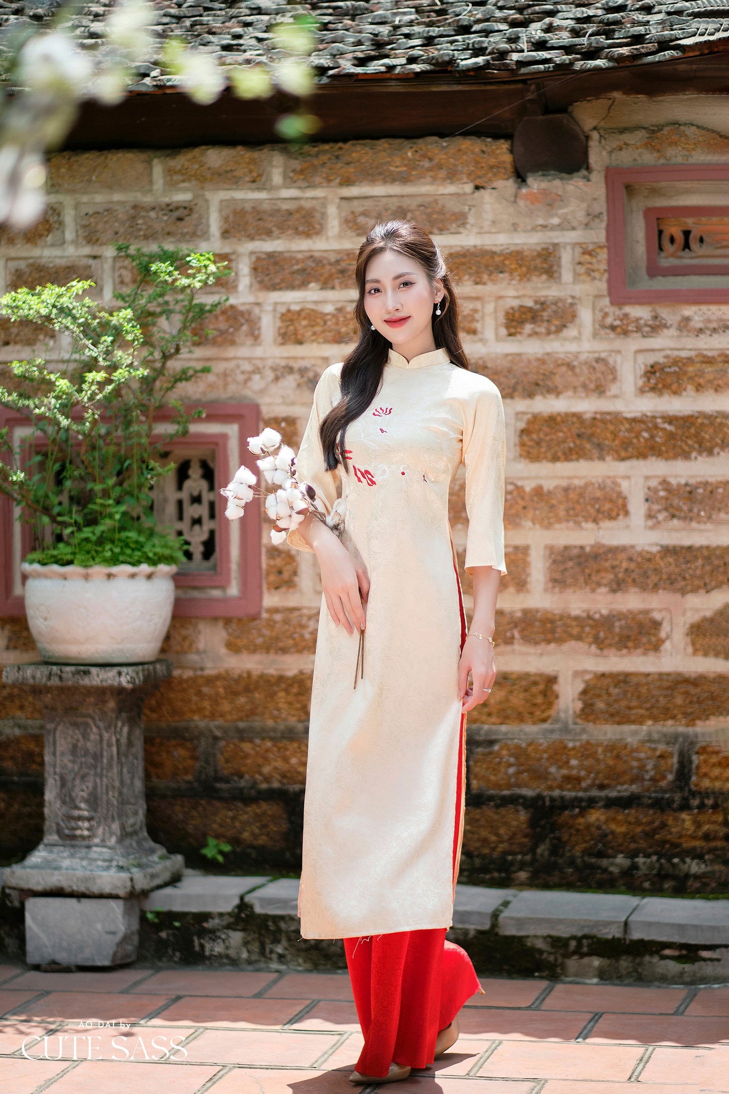 Beige Branches Embroidery Gấm Ao Dai Set w/ Red Gấm Pants | Pre-made Traditional Vietnamese Ao Dai| Gam Ao Dai with Pants|FL