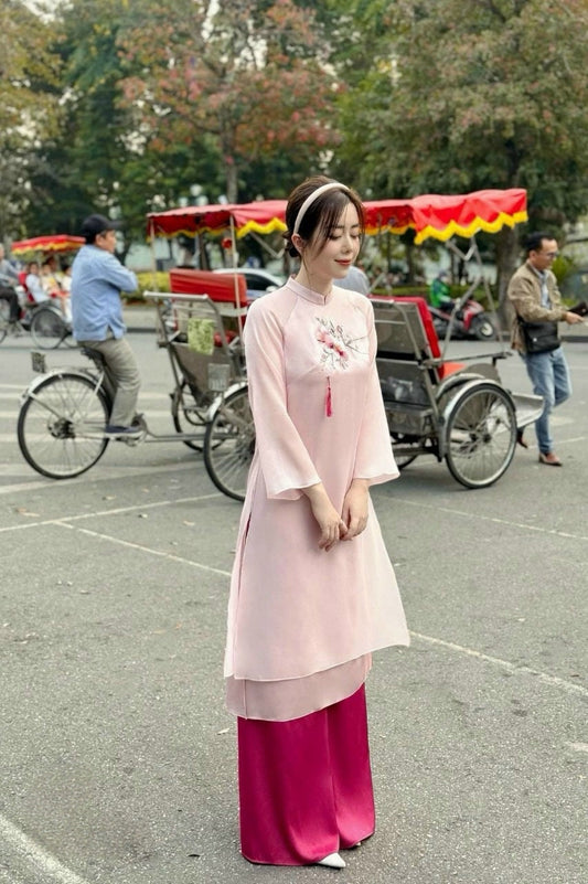 Pink Embroidered Orchid Chiffon Ao Dai Set |Pre-made Modernized Vietnamese Ao Dai| Ao Dai with Pants| Lunar New Year| Ao Dai Truyen Thong|2A