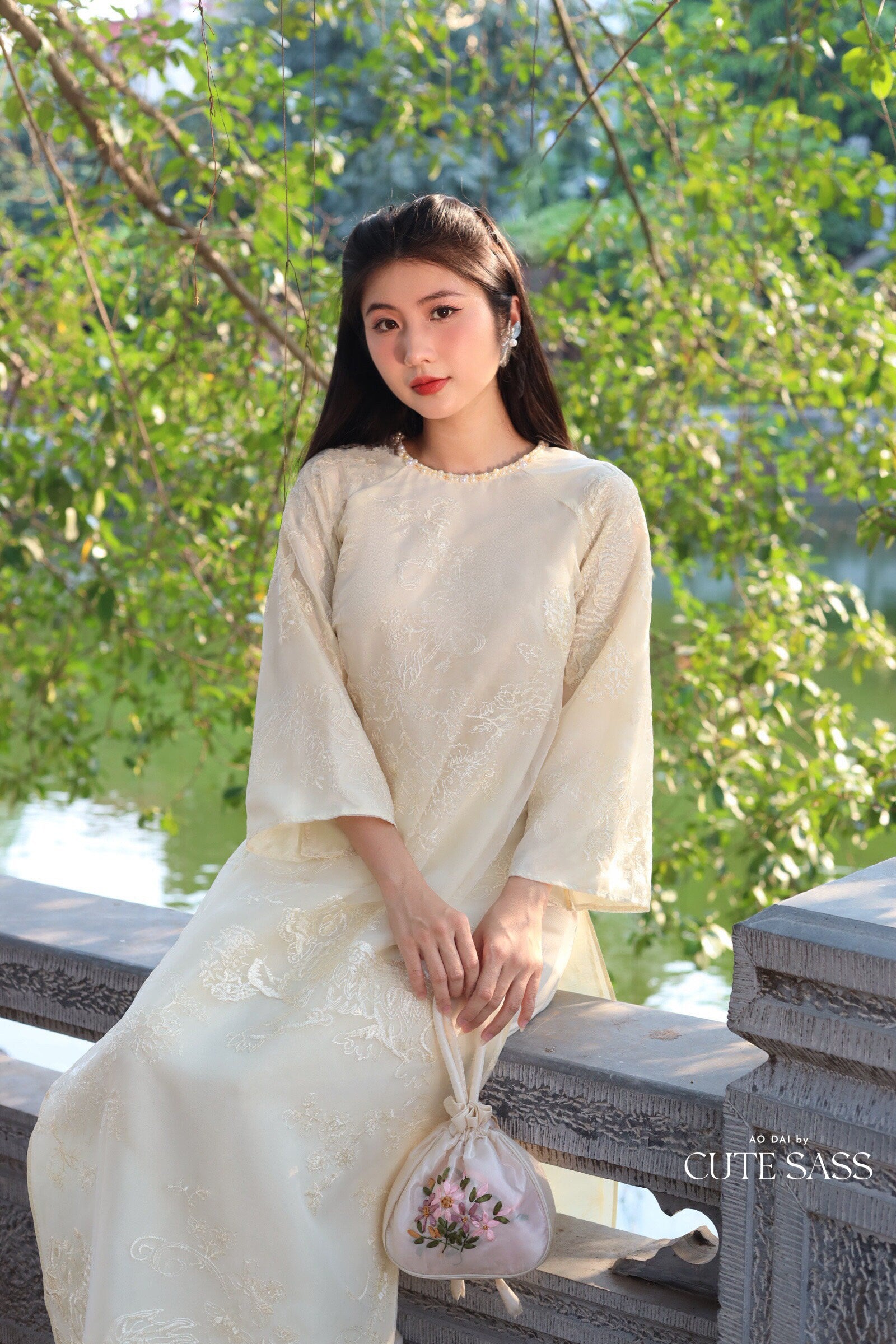 Cream Shifted Embroidered Chiffon With Pearls Neckline Ao Dai Set |Pre-made Modernized Vietnamese Ao Dai with Pants | Lunar New Year| 7E