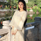 Cream Shifted Embroidered Chiffon With Pearls Neckline Ao Dai Set |Pre-made Modernized Vietnamese Ao Dai with Pants | Lunar New Year| 7E