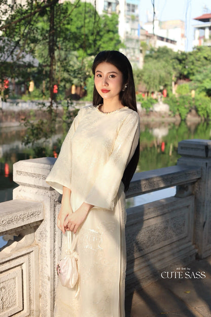 Cream Shifted Embroidered Chiffon With Pearls Neckline Ao Dai Set |Pre-made Modernized Vietnamese Ao Dai with Pants | Lunar New Year| 7E