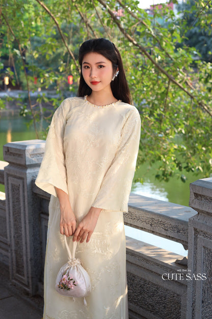 Cream Shifted Embroidered Chiffon With Pearls Neckline Ao Dai Set |Pre-made Modernized Vietnamese Ao Dai with Pants | Lunar New Year| 7E