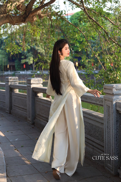 Cream Shifted Embroidered Chiffon With Pearls Neckline Ao Dai Set |Pre-made Modernized Vietnamese Ao Dai with Pants | Lunar New Year| 7E