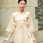 Shifted Tan Bow Ao Dai Set |Pre-made Modernized Vietnamese Ao Dai| Women Ao Dai with Pants | Lunar New Year| Ao Dai Cach Tan|