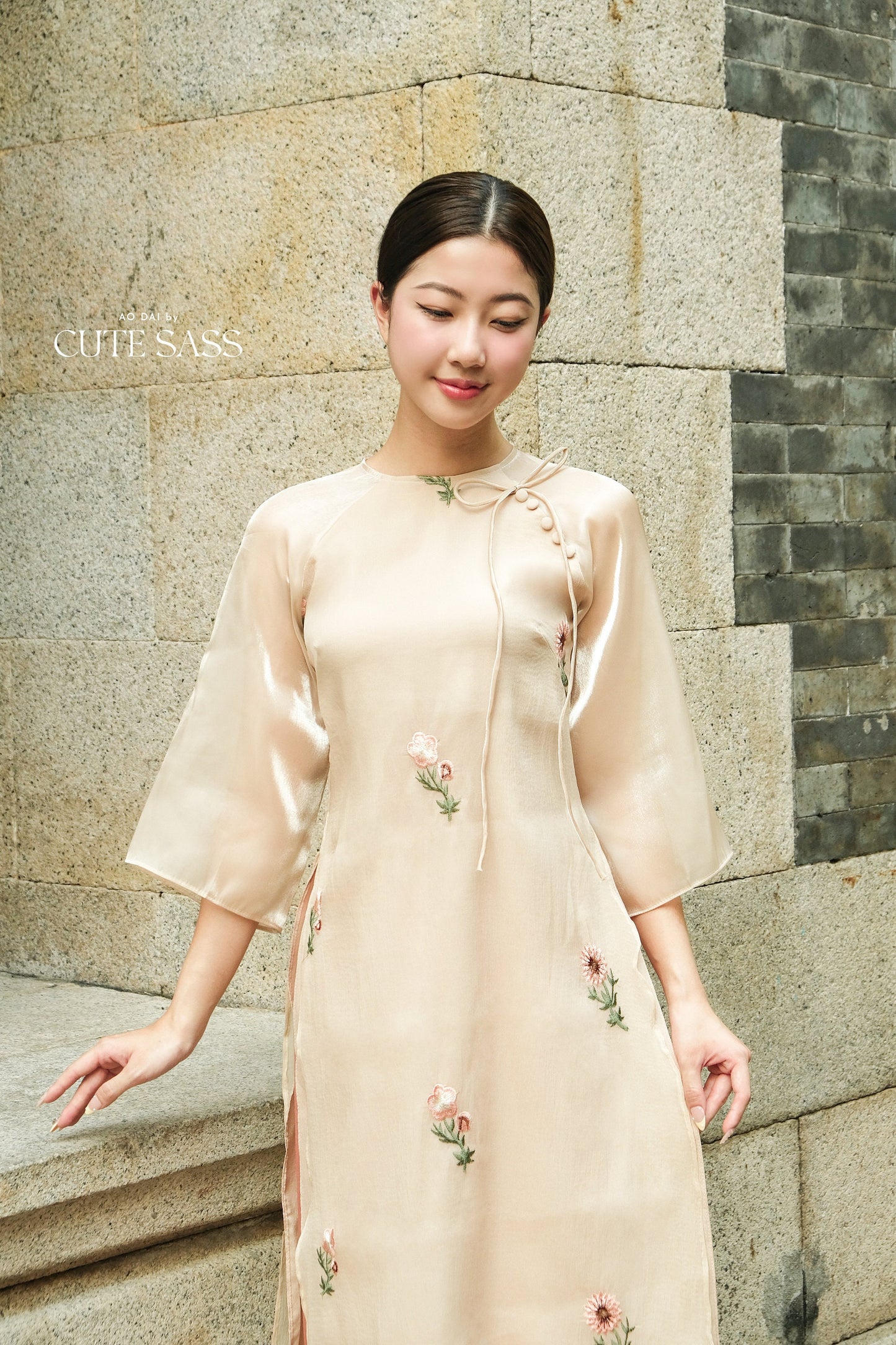 Shifted Tan Bow Ao Dai Set |Pre-made Modernized Vietnamese Ao Dai| Women Ao Dai with Pants | Lunar New Year| Ao Dai Cach Tan|