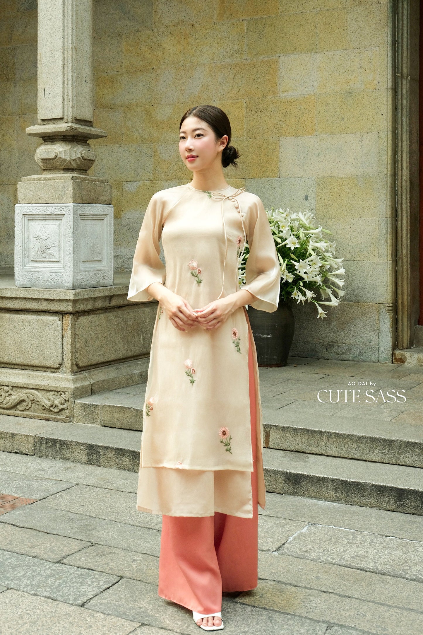 Shifted Tan Bow Ao Dai Set |Pre-made Modernized Vietnamese Ao Dai| Women Ao Dai with Pants | Lunar New Year| Ao Dai Cach Tan|