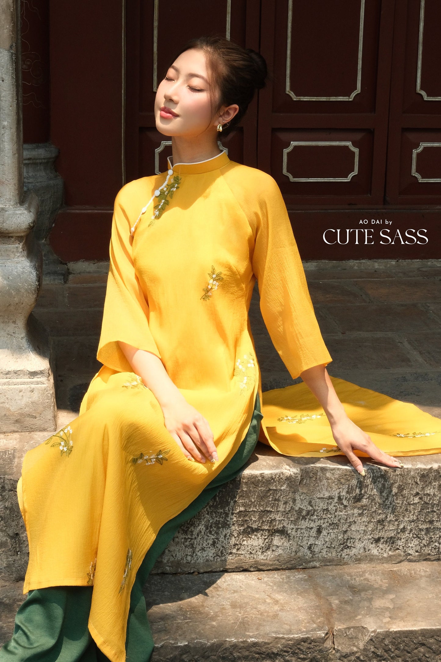 Shifted Yellow Holly Button Ao Dai Set |Pre-made Modernized Vietnamese Ao Dai|Women Ao Dai with Pants | Lunar New Year| Ao Dai Cach Tan|5-6E