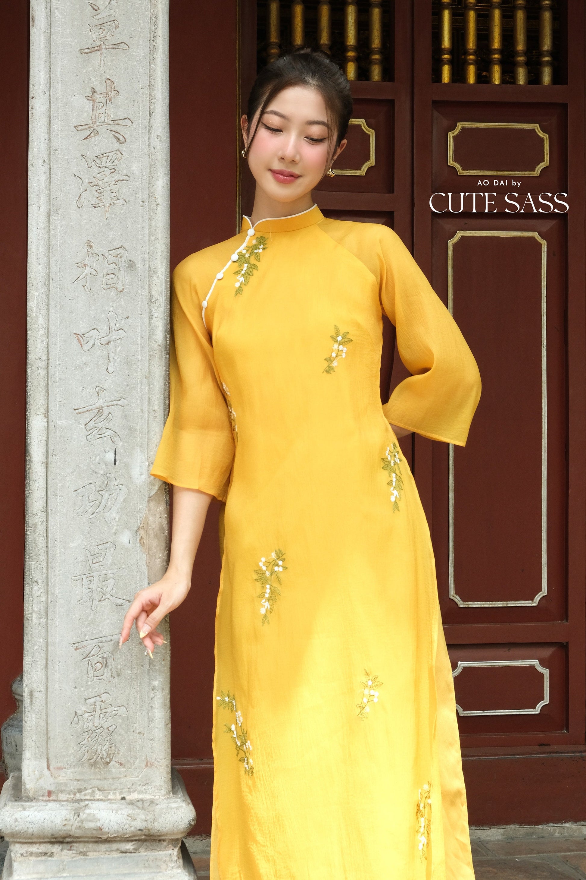 Shifted Yellow Holly Button Ao Dai Set |Pre-made Modernized Vietnamese Ao Dai|Women Ao Dai with Pants | Lunar New Year| Ao Dai Cach Tan|5-6E