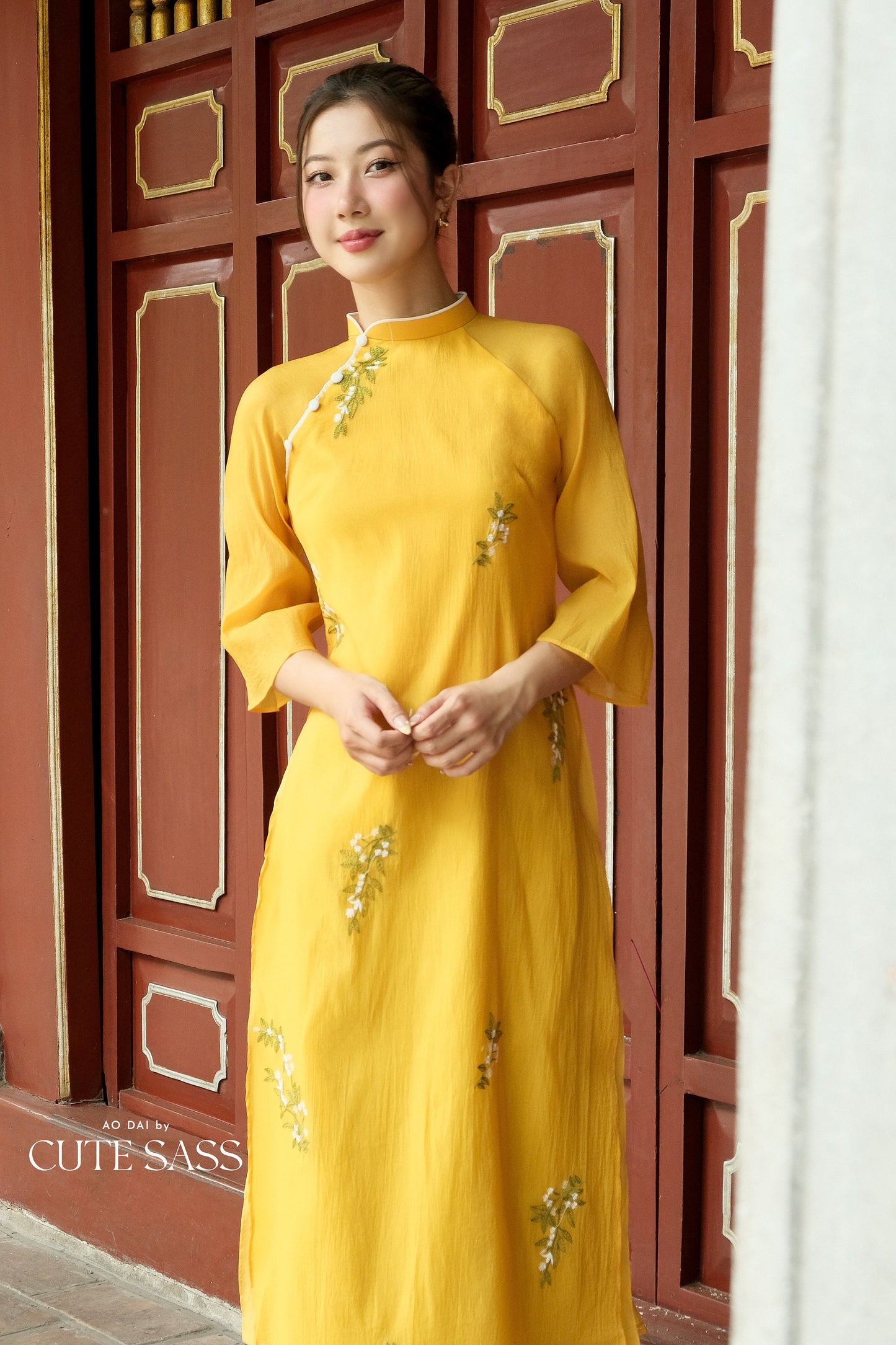 Shifted Yellow Holly Button Ao Dai Set |Pre-made Modernized Vietnamese Ao Dai|Women Ao Dai with Pants | Lunar New Year| Ao Dai Cach Tan|5-6E