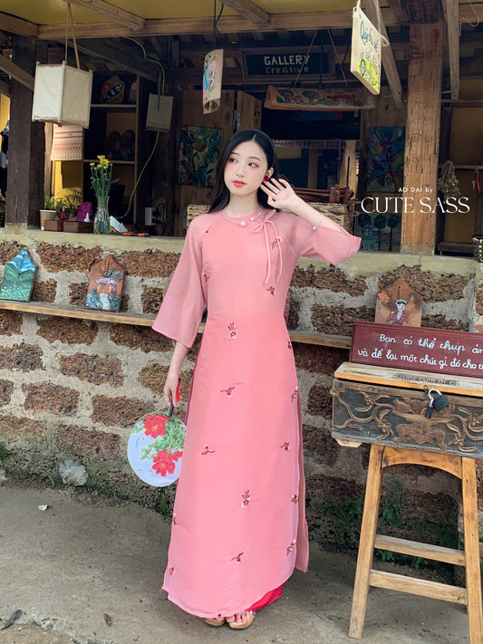 Shifted Muted Pink Bow Ao Dai Set |Pre-made Modernized Vietnamese Ao Dai| Women Ao Dai with Pants | Lunar New Year| Ao Dai Cach Tan|6E