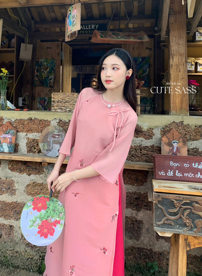 Shifted Muted Pink Bow Ao Dai Set |Pre-made Modernized Vietnamese Ao Dai| Women Ao Dai with Pants | Lunar New Year| Ao Dai Cach Tan|6E