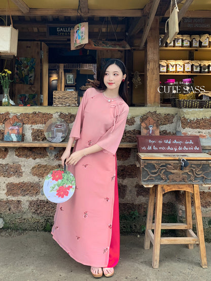Shifted Muted Pink Bow Ao Dai Set |Pre-made Modernized Vietnamese Ao Dai| Women Ao Dai with Pants | Lunar New Year| Ao Dai Cach Tan|6E