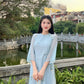 Shifted Blue Bow Ao Dai Set |Pre-made Modernized Vietnamese Ao Dai| Women Ao Dai with Pants | Lunar New Year| Ao Dai Cach Tan|6E