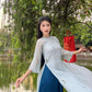 Shifted Blue Bow Ao Dai Set |Pre-made Modernized Vietnamese Ao Dai| Women Ao Dai with Pants | Lunar New Year| Ao Dai Cach Tan|6E