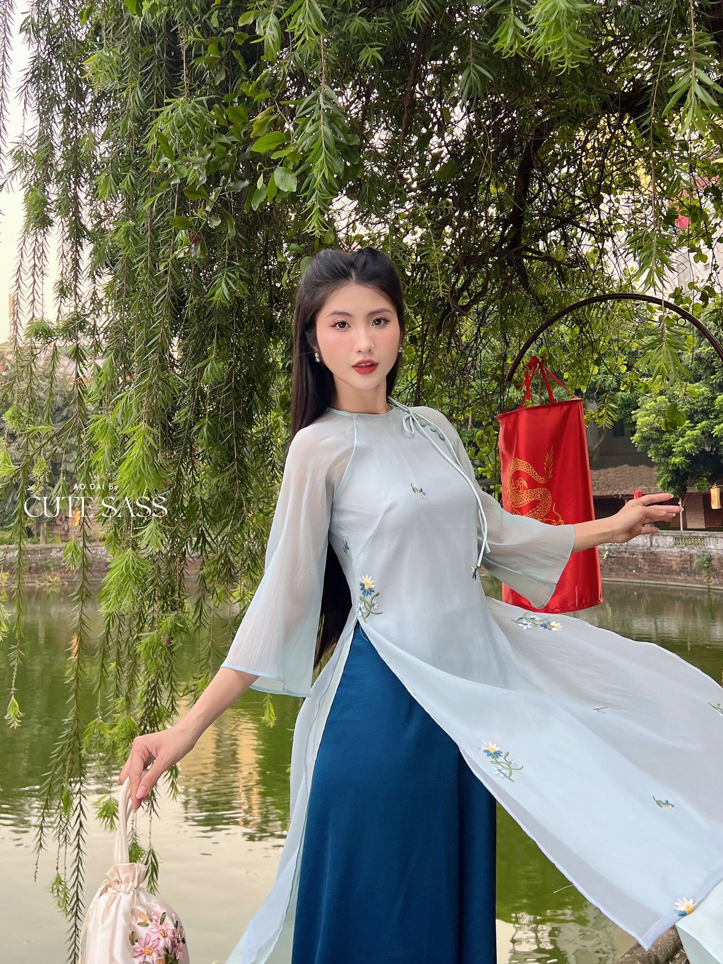 Shifted Blue Bow Ao Dai Set |Pre-made Modernized Vietnamese Ao Dai| Women Ao Dai with Pants | Lunar New Year| Ao Dai Cach Tan|6E