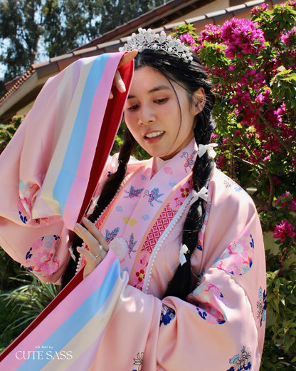 Áo Nhật Bình Peach Pastel Butterfly Pearl - Nhat Binh Outer Top | Ao Dai Truyen Thong | Pre-made Vietnamese Viet Phuc | 29A
