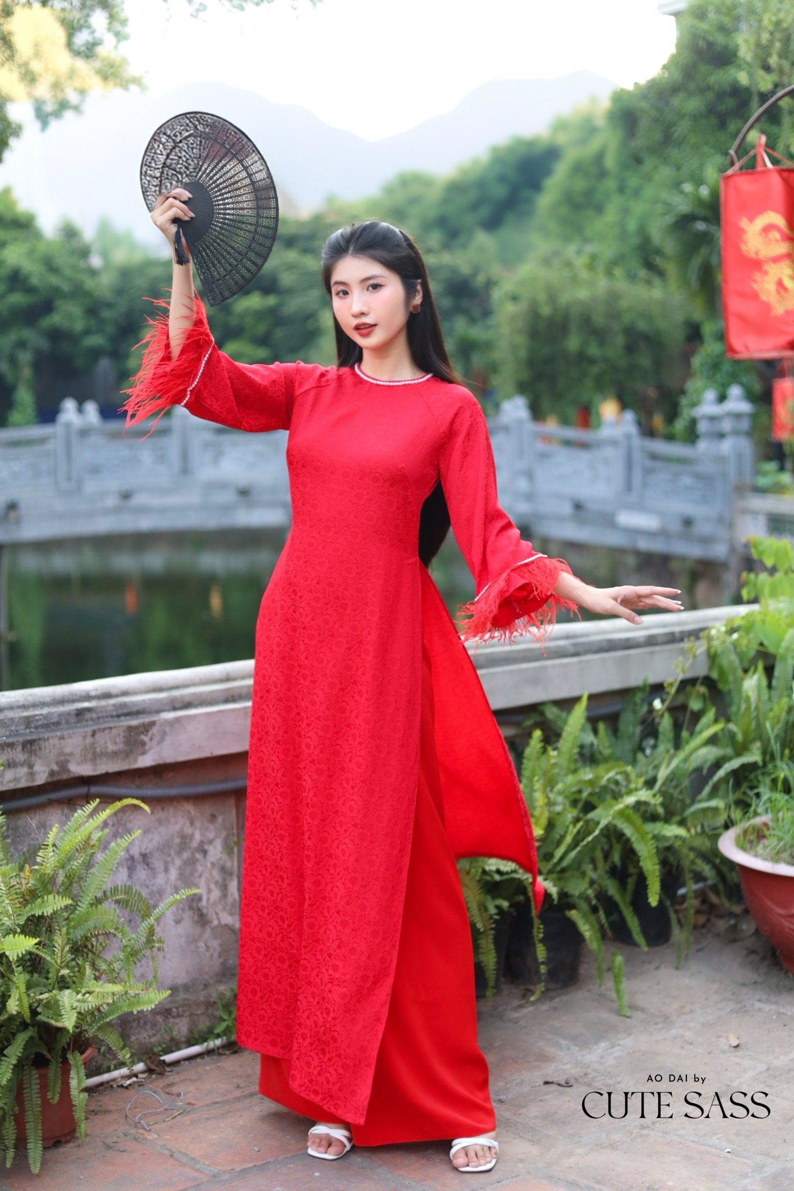 Red Gam Feather Ao Dai Set Wide Sleeves | Pre-made Vietnamese Ao Dai| Women Ao Dai | Lunar New Year| Ao Dai Truyen Thong|7E