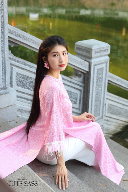 Pink Gam Feather Ao Dai Set |Pre-made Modernized Vietnamese Ao Dai with Pants | Lunar New Year |29B