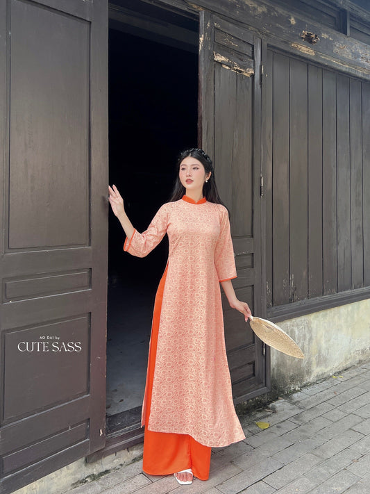 Orange Gam Ao Dai Set| Pre-made Vietnamese Ao Dai| Women Ao Dai | Lunar New Year| Ao Dai Truyen Thong|14D