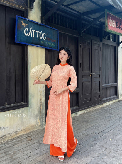 Orange Gam Ao Dai Set| Pre-made Vietnamese Ao Dai| Women Ao Dai | Lunar New Year| Ao Dai Truyen Thong|14D
