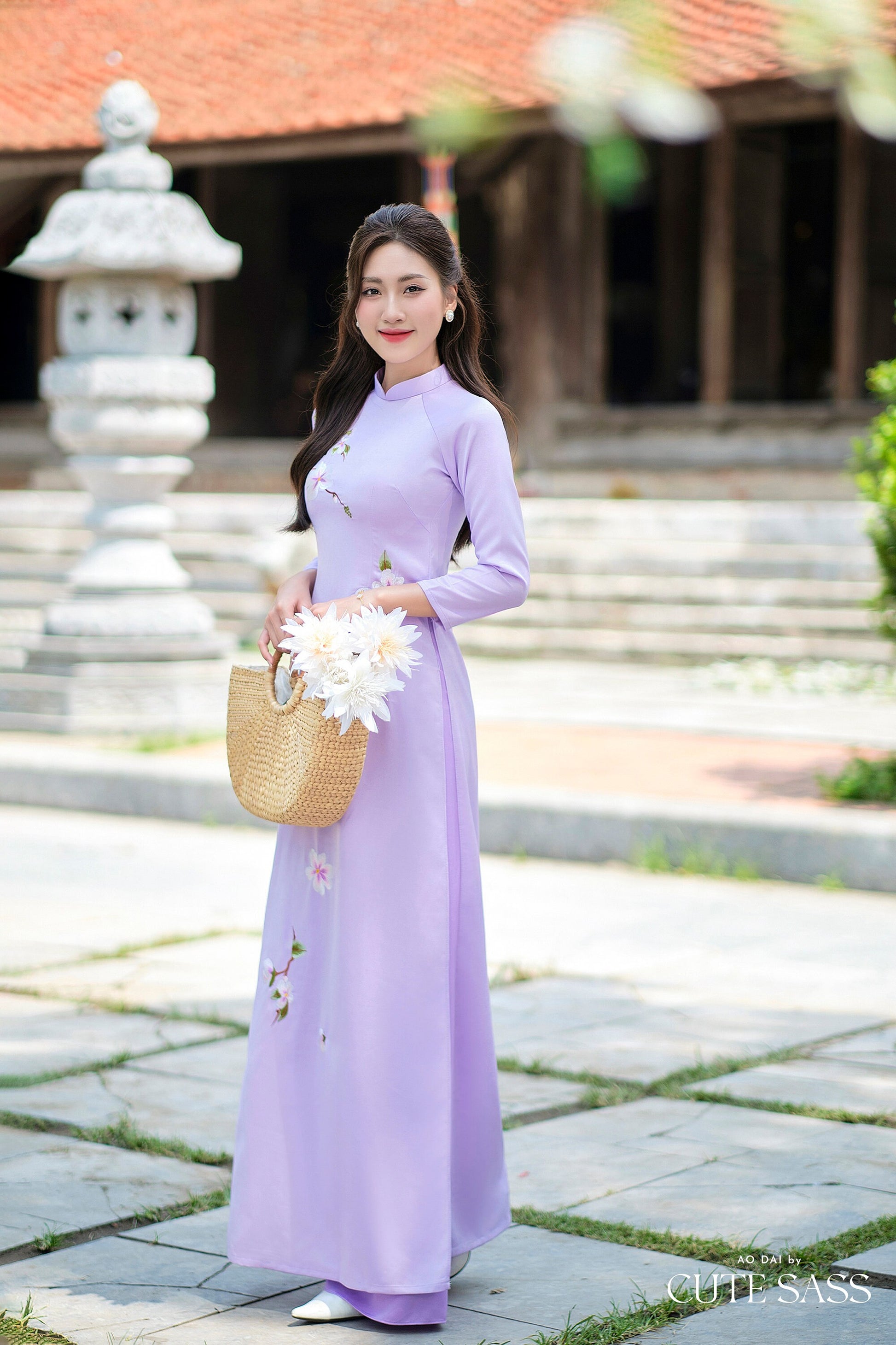 Purple Wisperia Silk Embroidery Ao Dai Set | Pre-made Traditional Vietnamese Ao Dai| Women Ao Dai with Pants| Ao Dai Truyen Thong|