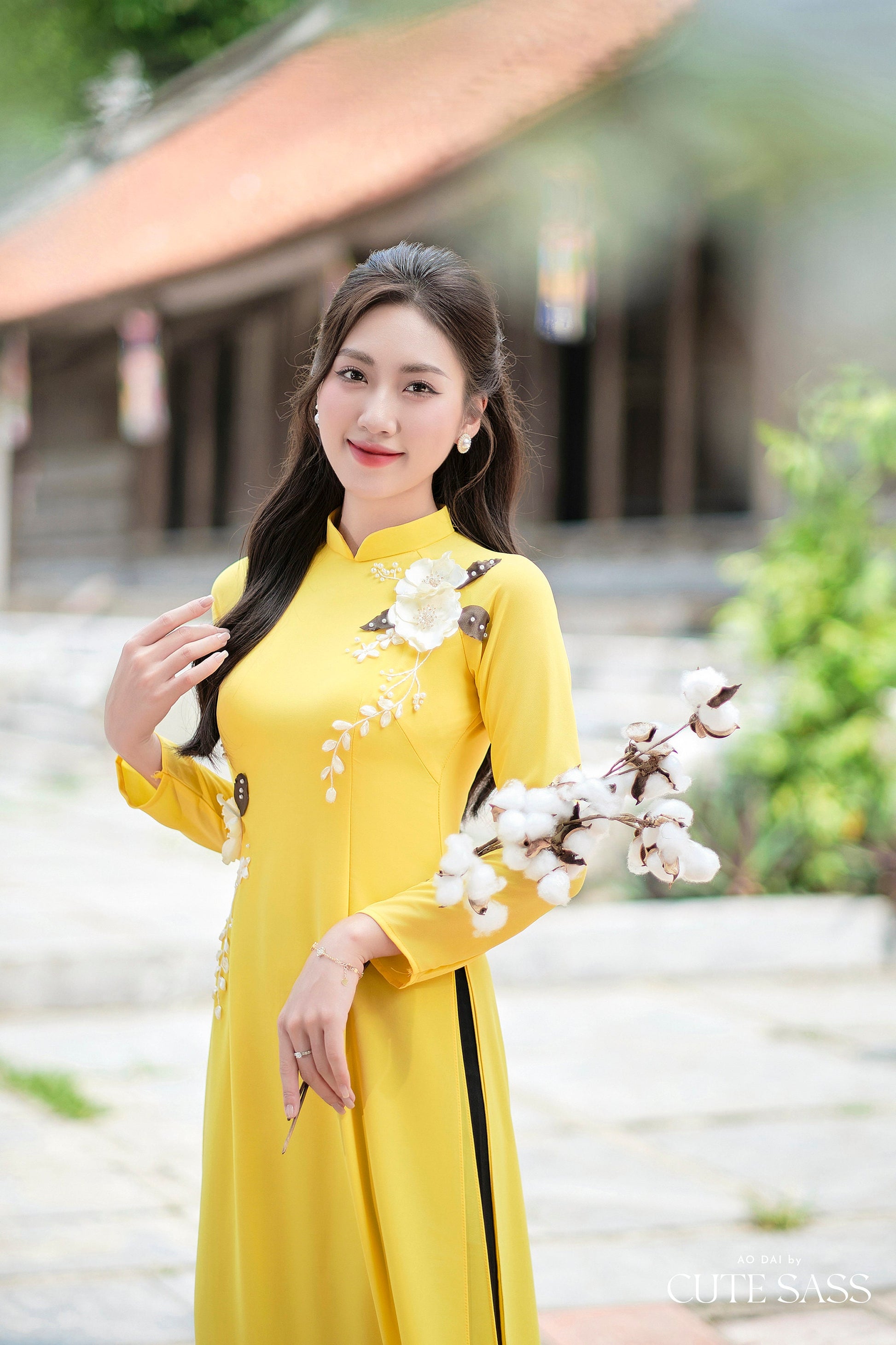 Yellow Ribbon 3D Flowers Chiffon Ao Dai Set| Pre-made Traditional Vietnamese Ao Dai with Pants|Lunar New Year Ao Dai| Ao Dai Truyen Thong|FL