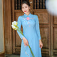 Blue Ribbon 3D Flowers Chiffon Ao Dai Set| Pre-made Traditional Vietnamese Ao Dai with Pants|Lunar New Year Ao Dai| Ao Dai Truyen Thong| FL