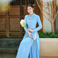 Blue Ribbon 3D Flowers Chiffon Ao Dai Set| Pre-made Traditional Vietnamese Ao Dai with Pants|Lunar New Year Ao Dai| Ao Dai Truyen Thong| FL