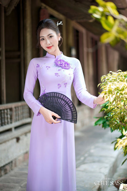 Purple B Dark 3D Ribbon Flowers 3D Chiffon Ao Dai Set
